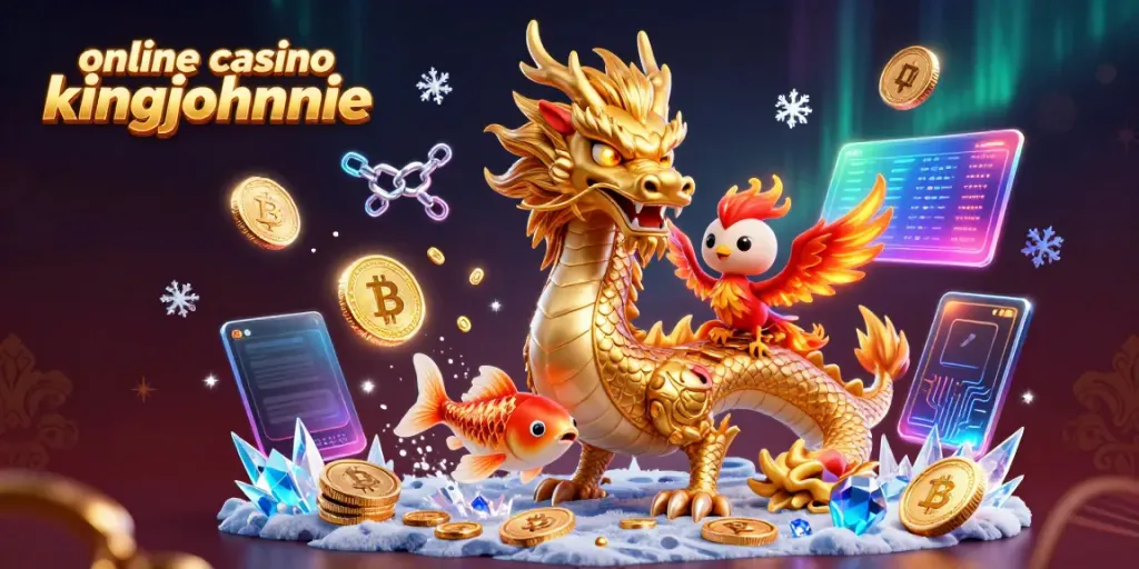 Feel the excitement of online casino kingjohnnie with vibrant dragon, phoenix, and koi fish amid crypto coins.