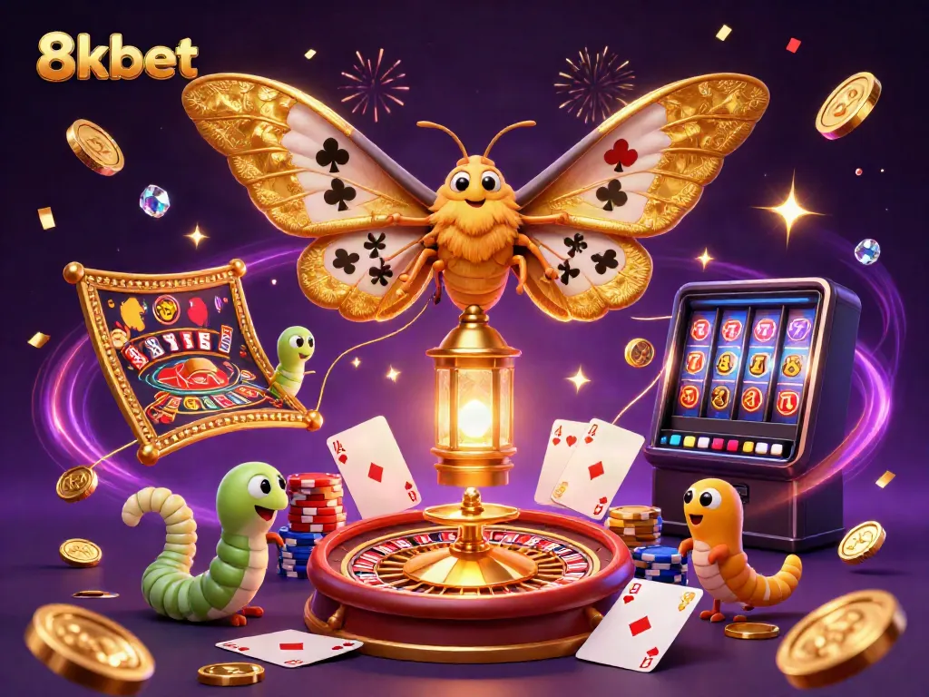 Win big with 8kbet, featuring an illustrated moth and vibrant casino elements in an enchanting scene.