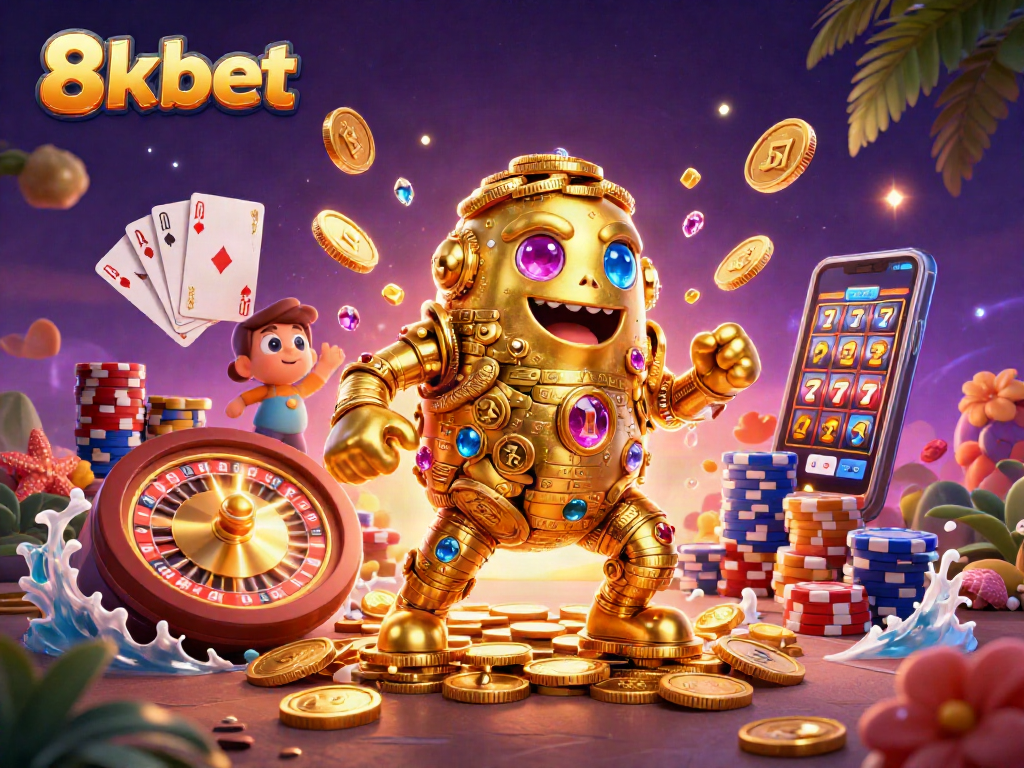Experience the excitement of 8xbet with a dynamic 3D casino illustration featuring a golden golem and vibrant gaming elements.