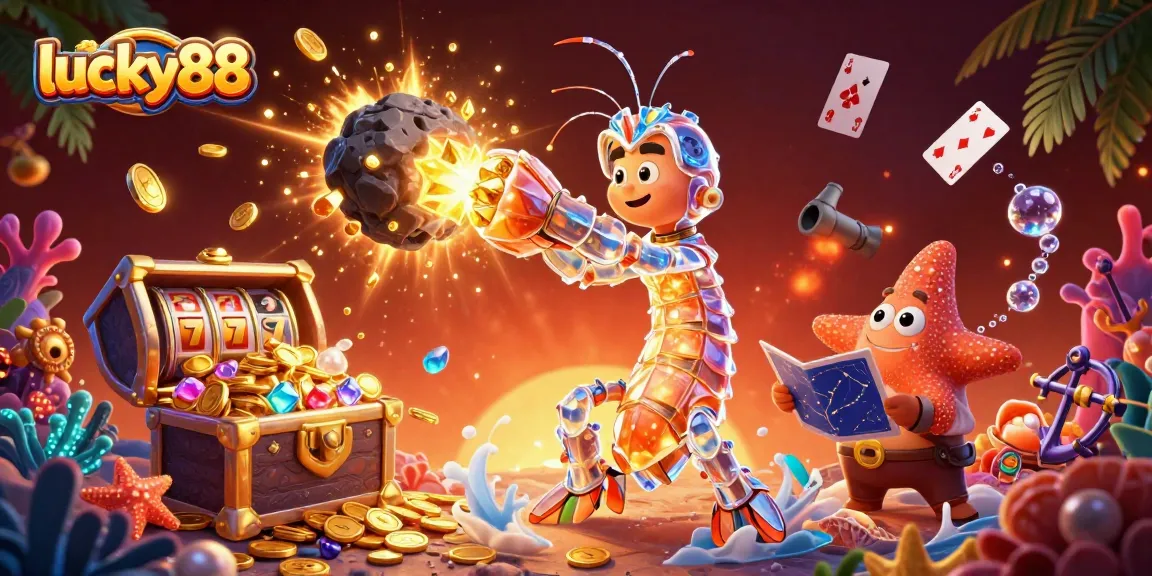 Experience thrilling plays at lucky88, featuring a vibrant illustration of a 3D mantis shrimp in a dynamic casino scene.