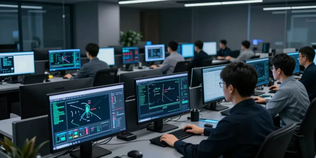 Red team assessment in a cybersecurity center with analysts monitoring real-time attack simulations and network traffic.