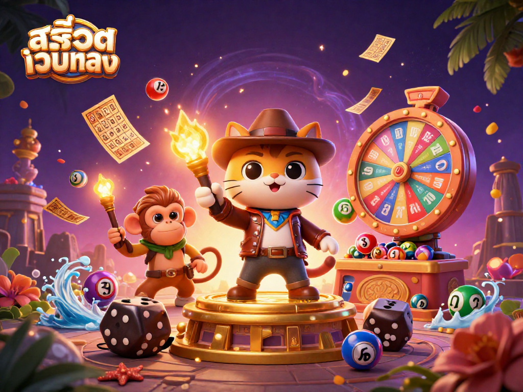 Experience สล็อตเว็บตรง with a vibrant dynamic scene featuring a cat explorer and treasures.