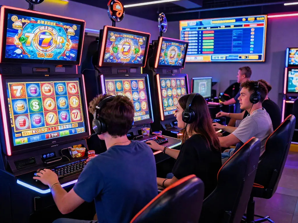 Players enjoying an exciting slot777 game in a vibrant online gaming setup