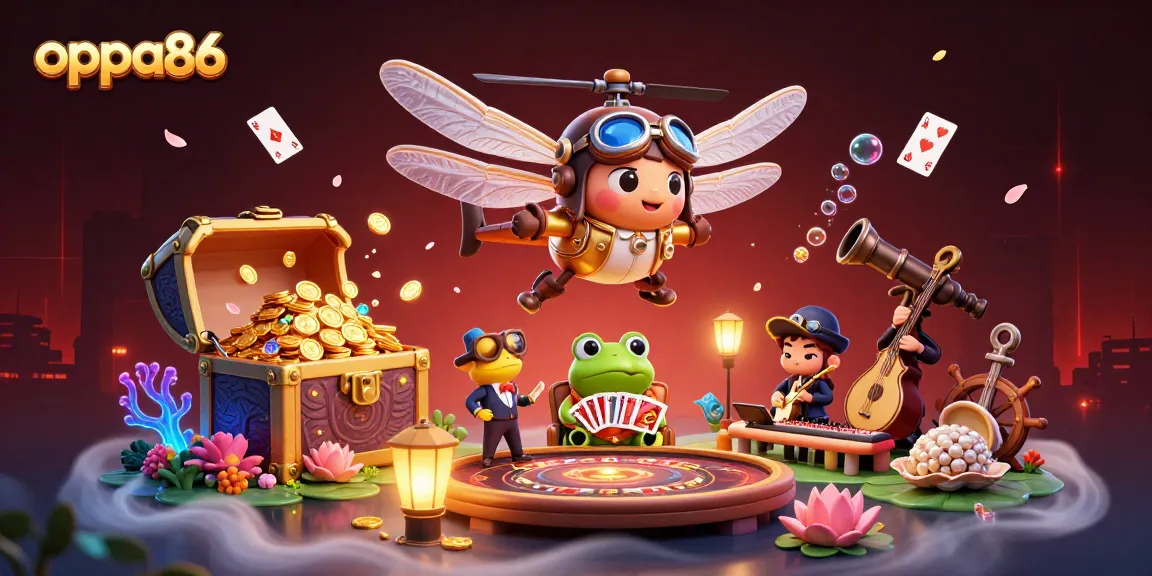 Engage with oppa86 in a lively casino scene featuring cards, gold, and vibrant characters.
