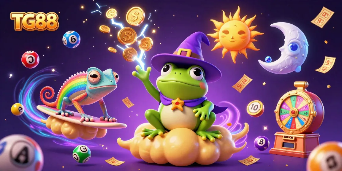 Experience the excitement of TG88 with a cartoon frog wizard conjuring gold coins amidst lightning and lottery elements.
