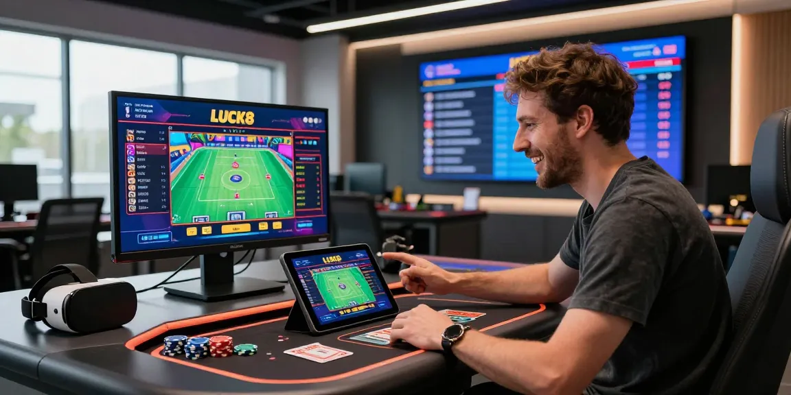 LUCK8 online gambling scene showing engaging sports betting environment with players, tablets, and excitement.
