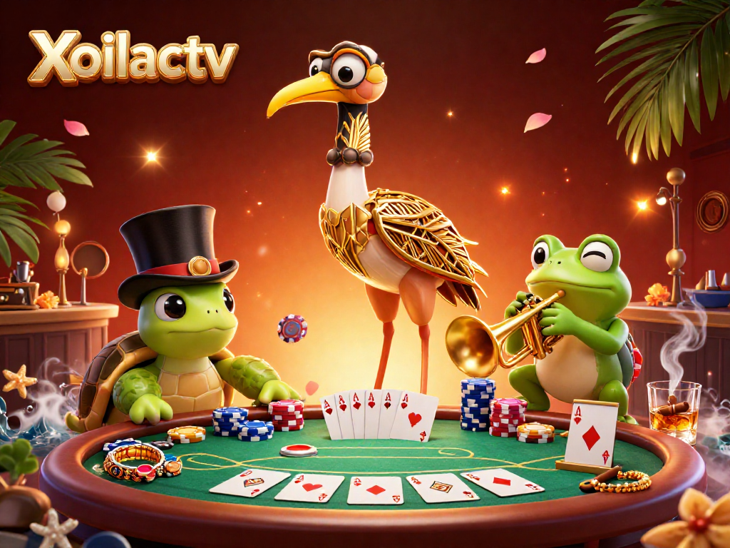 Xoilactv features a vibrant scene with 3D crane, turtle, and frog amidst poker excitement.