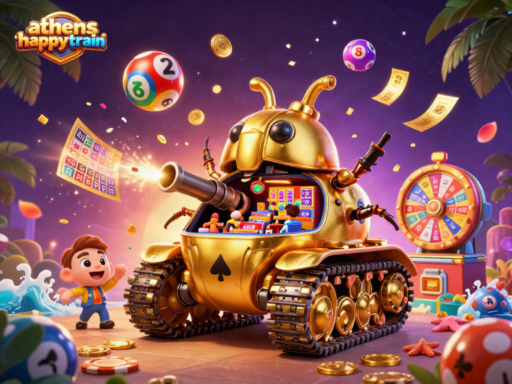 Athenshappytrain showcases an exciting casino scene with colorful elements and a golden beetle tank.
