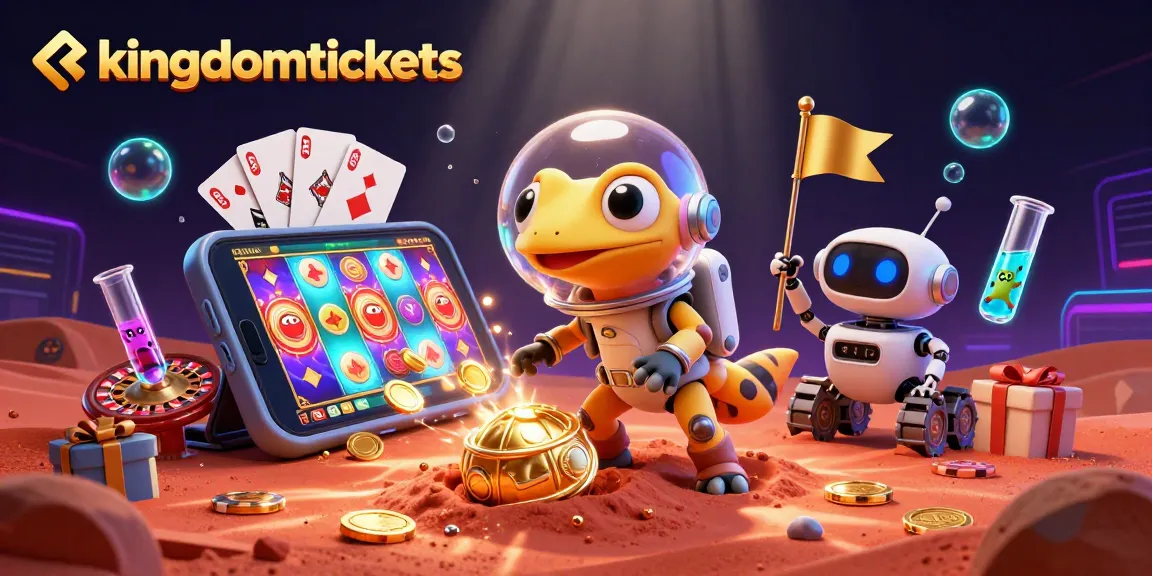Kingdomtickets menghadirkan kasino emas di Mars dengan geko ceria dan robot pendukung.