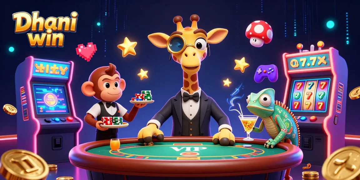 Dhani win showcases a vibrant illustration of a high-roller giraffe at a casino table, blending gaming excitement.