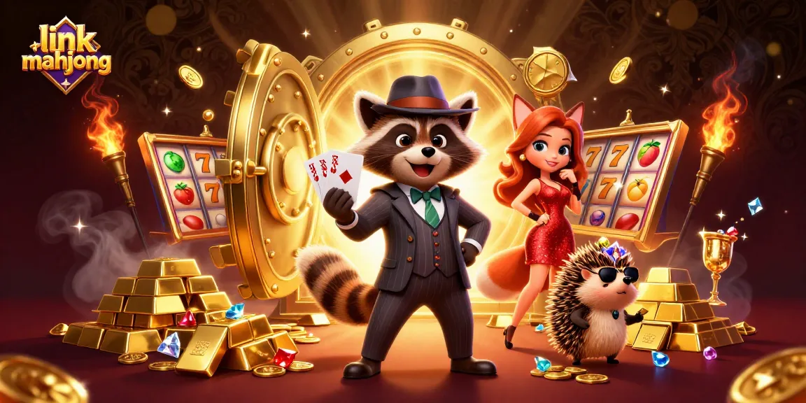 Spin the reels of link mahjong with suave raccoon and fox companion in a dazzling casino scene.