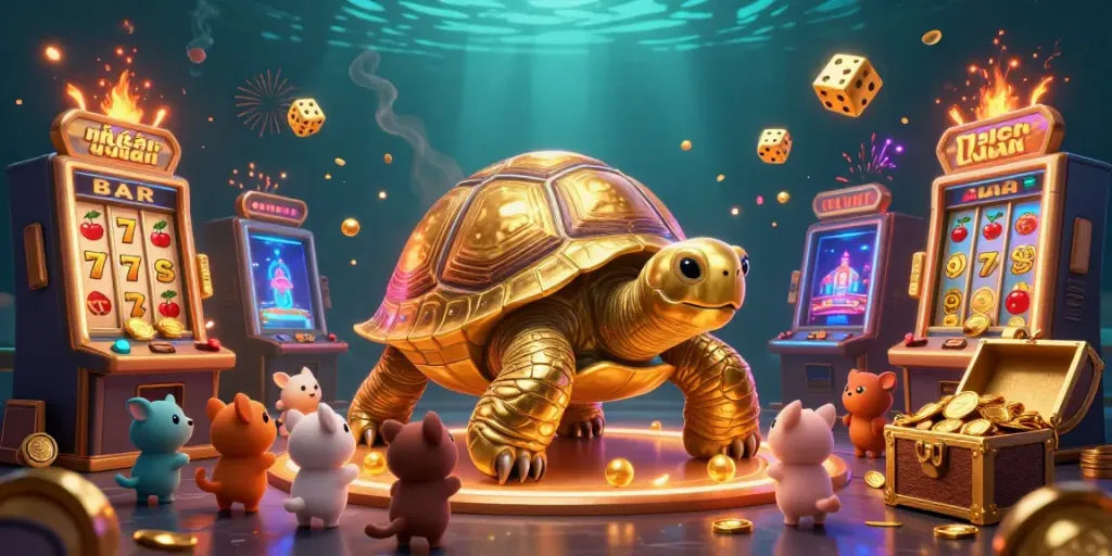 Experience the thrill of playing at nhà cái uy tín with a stunning 3D illustration of a golden tortoise pinball machine and animated casino elements.