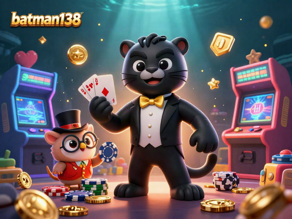 Casino seru Batman di batman138, menangkan kartu sambil dikelilingi mesin permainan yang berkilau.