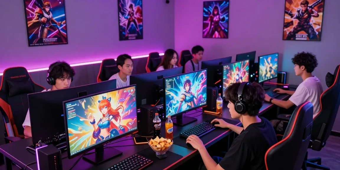 Engaged players enjoying hentai games in a lively gaming lounge atmosphere.