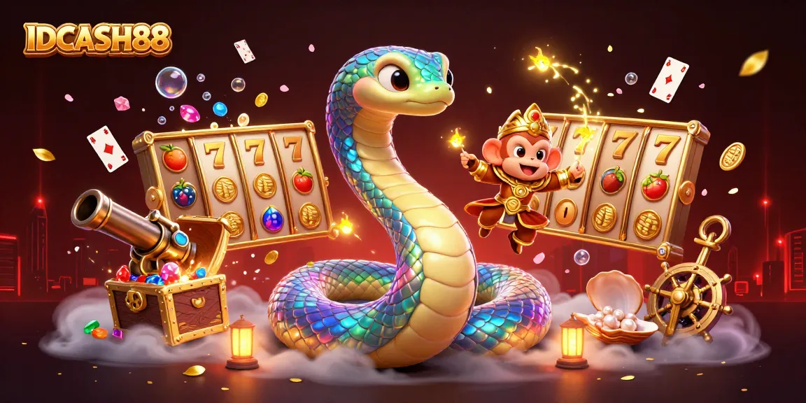 Play with IDCASH88's vibrant casino scene featuring slot reels and an energetic atmosphere.