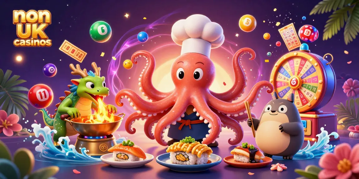 Engage with the vibrant world of non UK casinos featuring an octopus chef and dragon at a dynamic gaming event.
