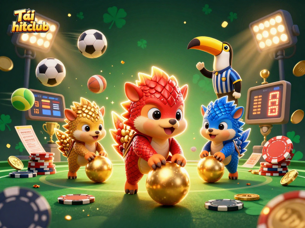 Tải hitclub and experience exhilarating gameplay with animated pangolins battling through poker chips in a dynamic casino scene.