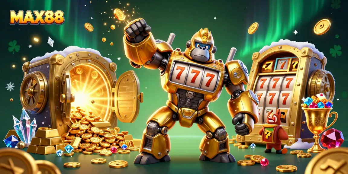 Experience the thrill of MAX88 with a golden gorilla mech surrounded by a dazzling casino world.
