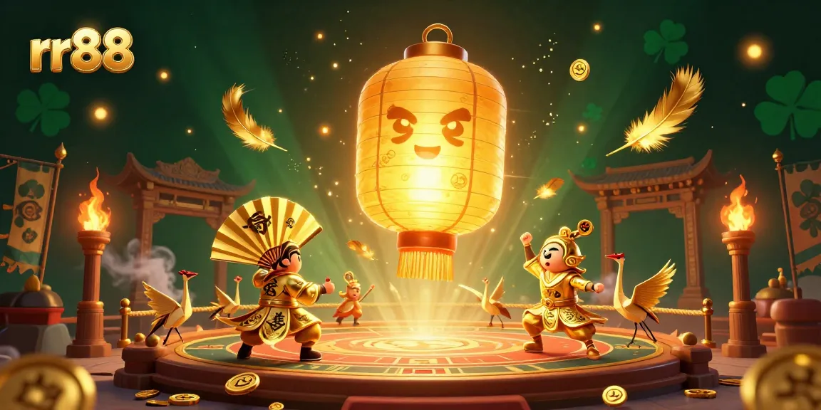 Join the exciting world of rr88 with golden lantern spirits and casino vibes in this dynamic illustration.