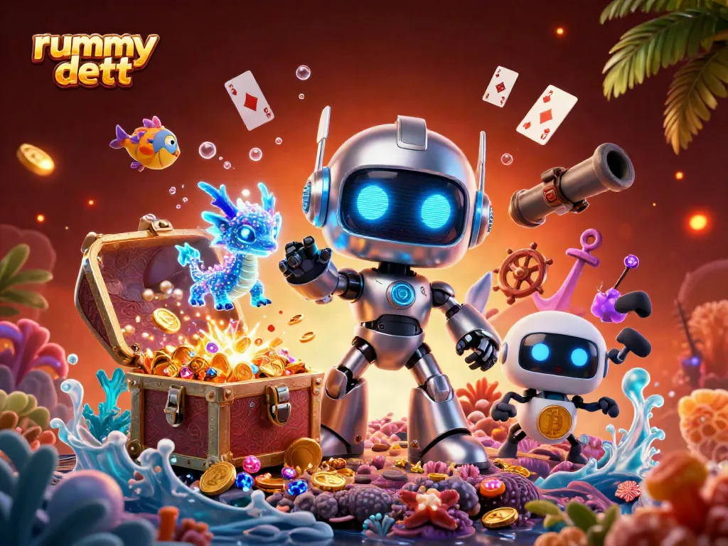 Ilustrasi 3D rummy deity dengan robot futuristik, harta karun, dan permainan kartu mengelilingi mereka.