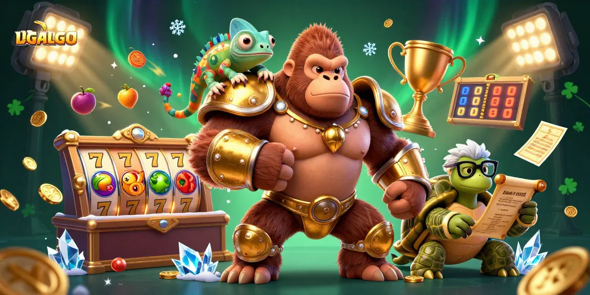 LIGALGO showcases slot reels, a golden gorilla king, and vibrant casino elements in an engaging 3D scene.
