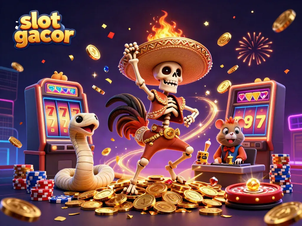 Experience vibrant fun with slot gacor featuring dynamic characters in a colorful casino scene.