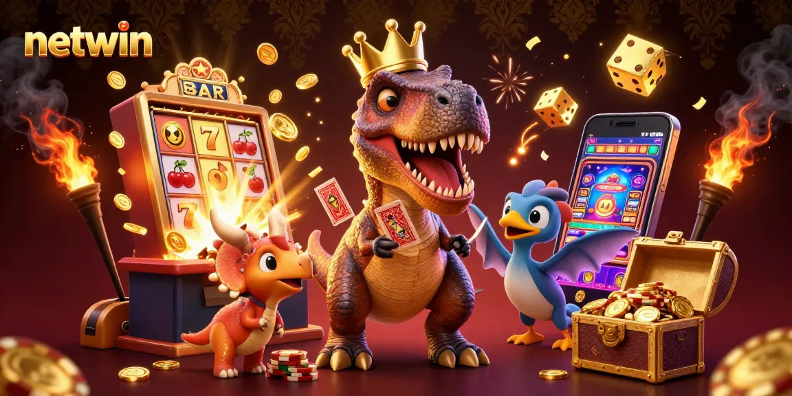 Netwin inspired cartoon casino scene with a T-Rex shuffling cards and a hundred golden chips stacked.