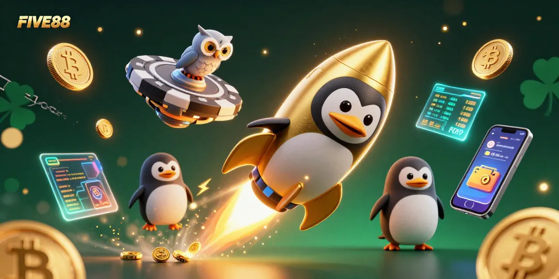 Experience the excitement of FIVE88 with a golden penguin racing towards a casino poker chip in space.