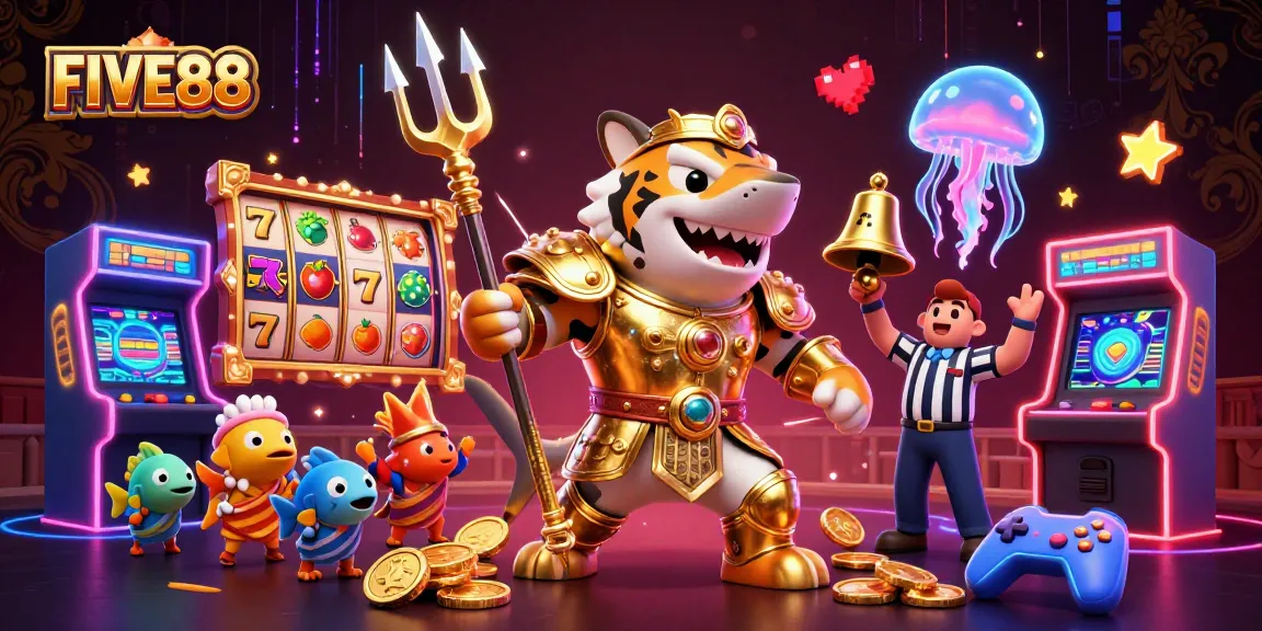 Experience FIVE88 with thrilling slot reels and a vibrant underwater casino scene.