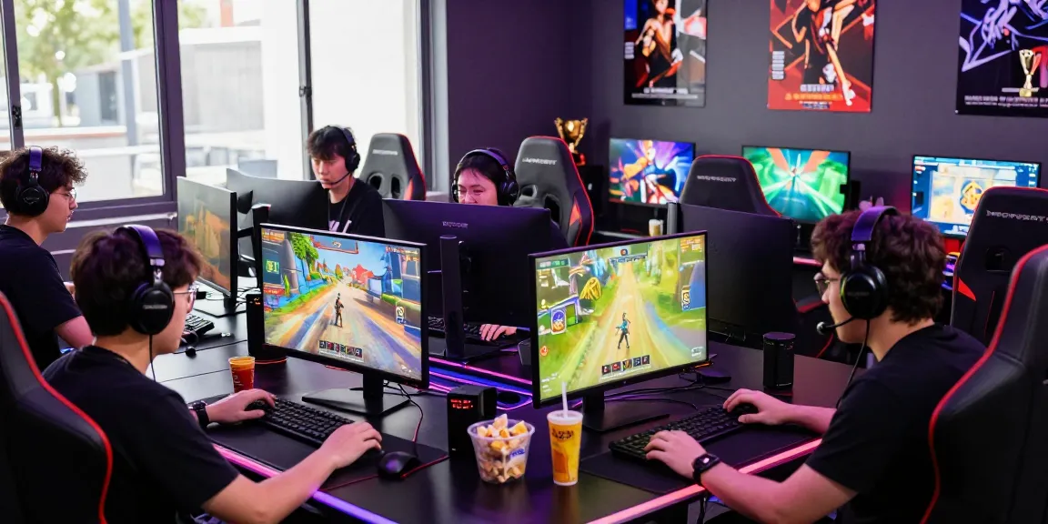 MPOSPORT players immersed in online gaming experience with vibrant graphics and stylish setup.