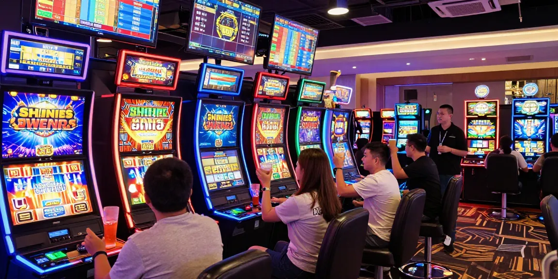 Pengunjung bermain slot mengasyikkan di kasino dengan berbagai mesin slot yang menampilkan grafik berwarna-warni.