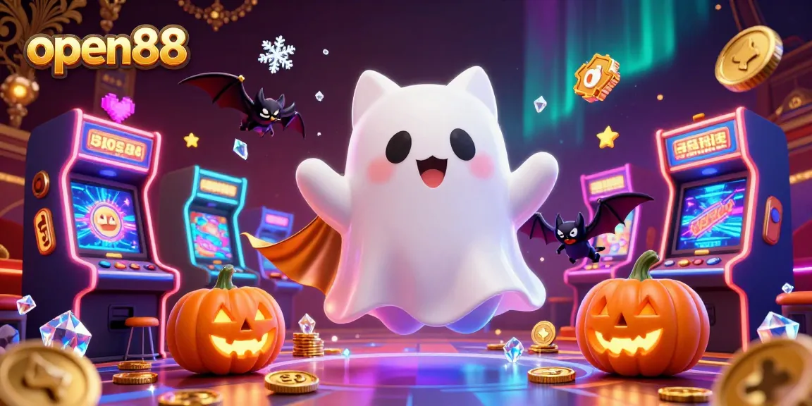 Play exciting games at open88 with a friendly ghost cat and vibrant casino elements surrounding them.