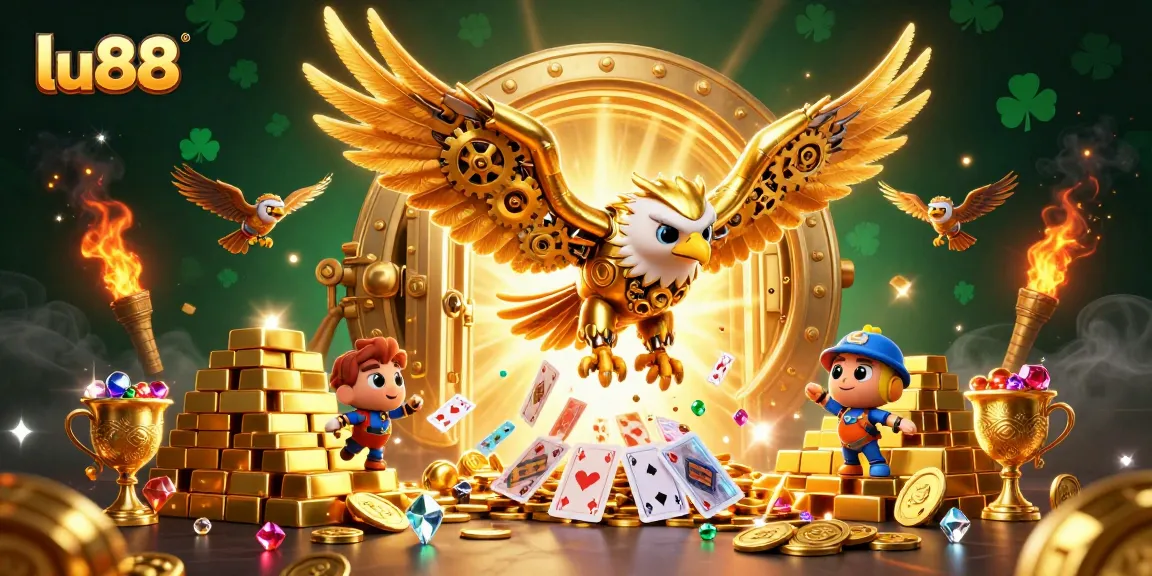 Engage with the thrilling atmosphere of lu88 as a golden eagle dives through holographic cards amidst treasure.