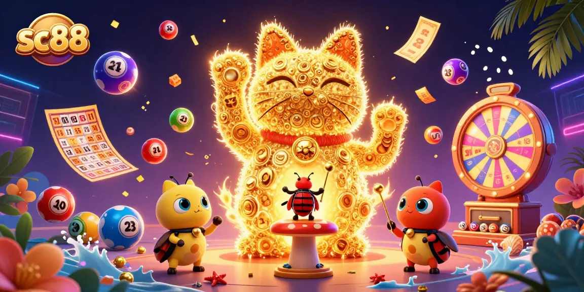 Engage in the vibrant world of sc88 with a lively scene featuring a giant lucky cat and dynamic casino elements.
