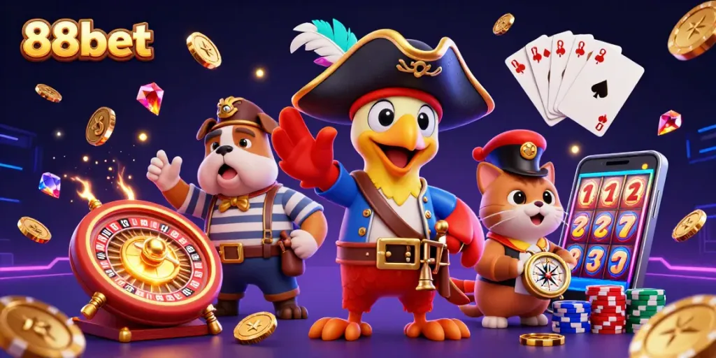Engage in thrilling gameplay with 88bet's vibrant casino scene showcasing dynamic characters and sparkling elements.