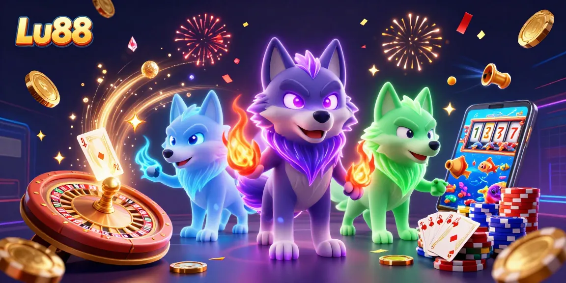 Lu88 gaming experience with a spectral wolf leader and dynamic casino elements in a vibrant scene