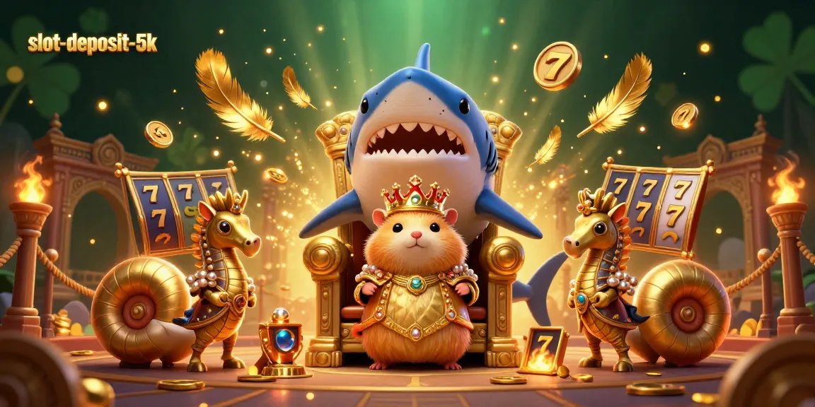Experience slot-deposit-5k with a fierce hamster king amid slot reels and royal guards.