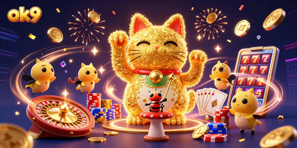 Experience thrilling wins at ok9 with a vibrant scene of casino elements and a lucky cat.