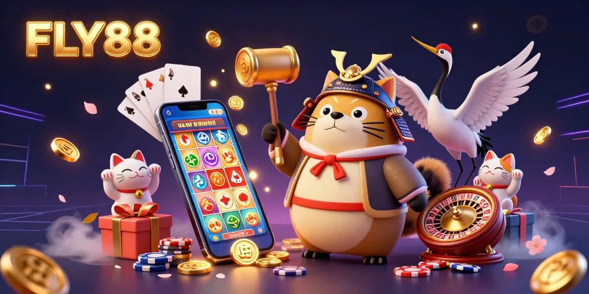 Experience the excitement of FLY88 with a cheerful tanuki, crane, and fortune cats in a vibrant casino scene.