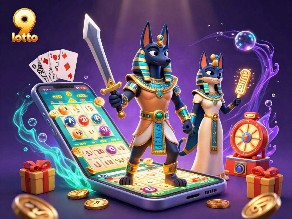 Engage in the thrilling 9 lotto lottery universe with Anubis and Bastet amid dazzling jackpot elements.