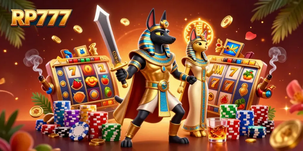 Spin to win with RP777's vibrant gaming scene featuring ancient Egyptian characters and slot machine elements.