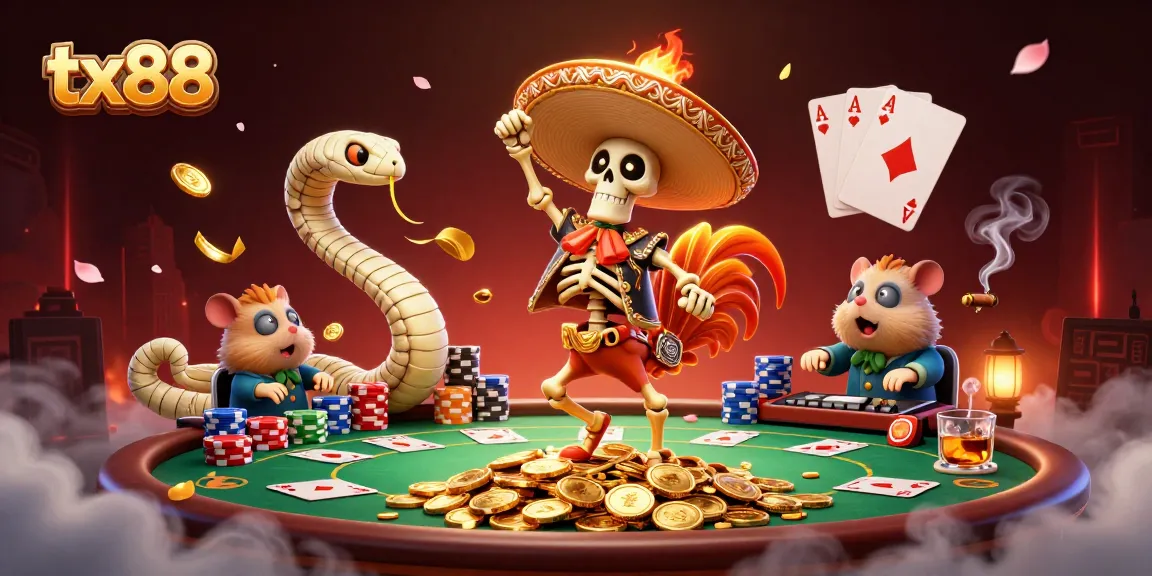 Experience thrilling wins at tx88 with festive personas celebrating around a vibrant poker scene.