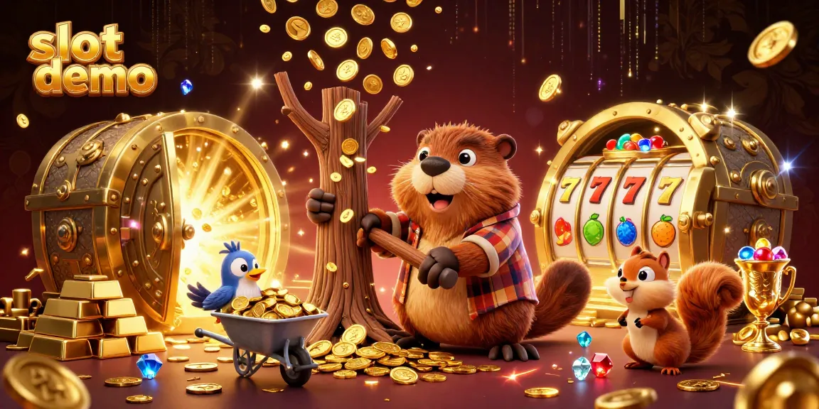 Slot demo yang menunjukkan berbagai karakter animasi di kasino, dengan berang-berang, burung, dan tupai, dikelilingi koin emas yang mengalir.