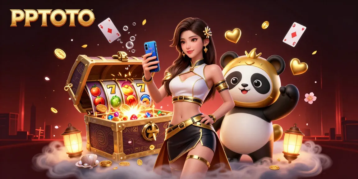 PPTOTO menangkap kegembiraan kasino yang mendebarkan dengan seorang wanita yang bermain game dan maskot panda emas.