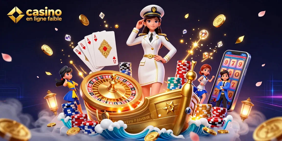 Participez à l'univers dynamique des casinos en ligne fiables avec des pièces dorées, une roulette, et un personnage inspiré de la marine asiatique.