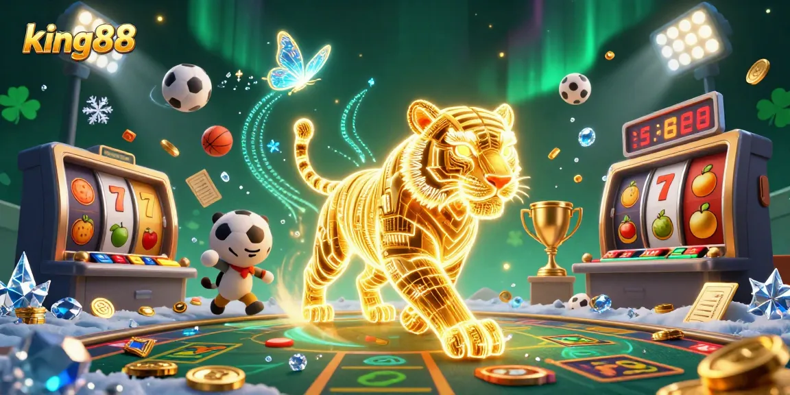 Experience the thrill of king88 with vibrant casino action featuring golden tiger and holographic companions.