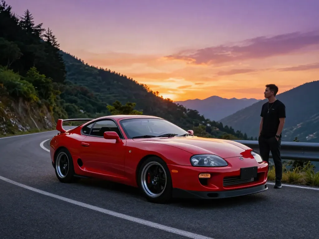 The A80 platform showcased in a stunning sunset automotive scene with an enthusiastic car lover and dynamic mountain backdrop.