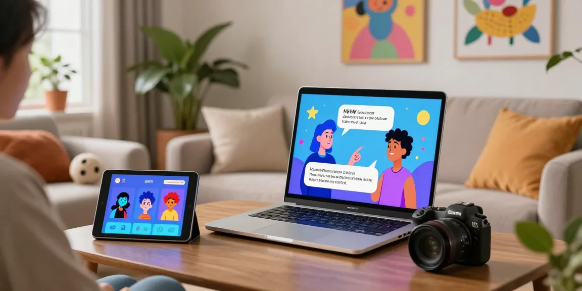 Interactive character AI NSFW experience in a modern living room, featuring animated dialogues on a laptop.