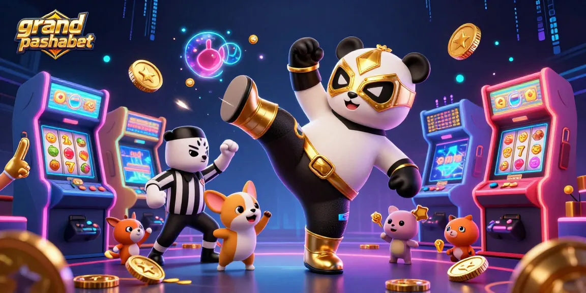 grandpashabet showcases a panda wrestler kicking in a vibrant casino arcade filled with excitement