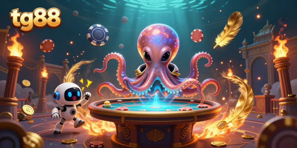 tg88 casino adventure with an alien octopus and robot at a lively poker table